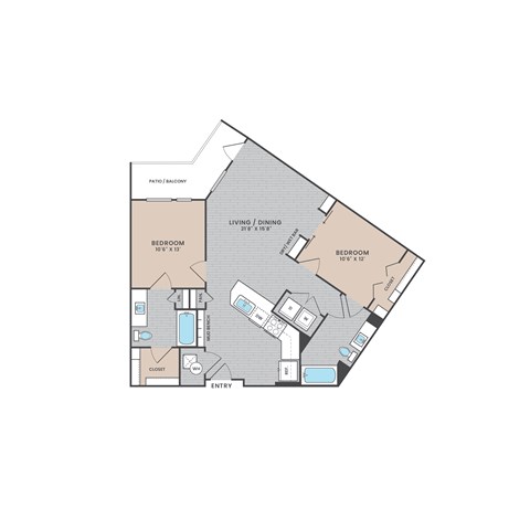 Floor plan for 2 beds, 2 baths, 1029 sqft